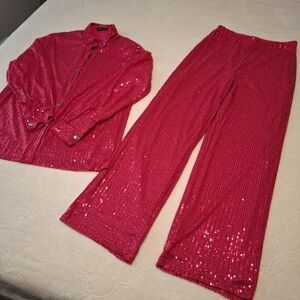 Sequin Hot Pink Women's Pants & Jumpsuit Set